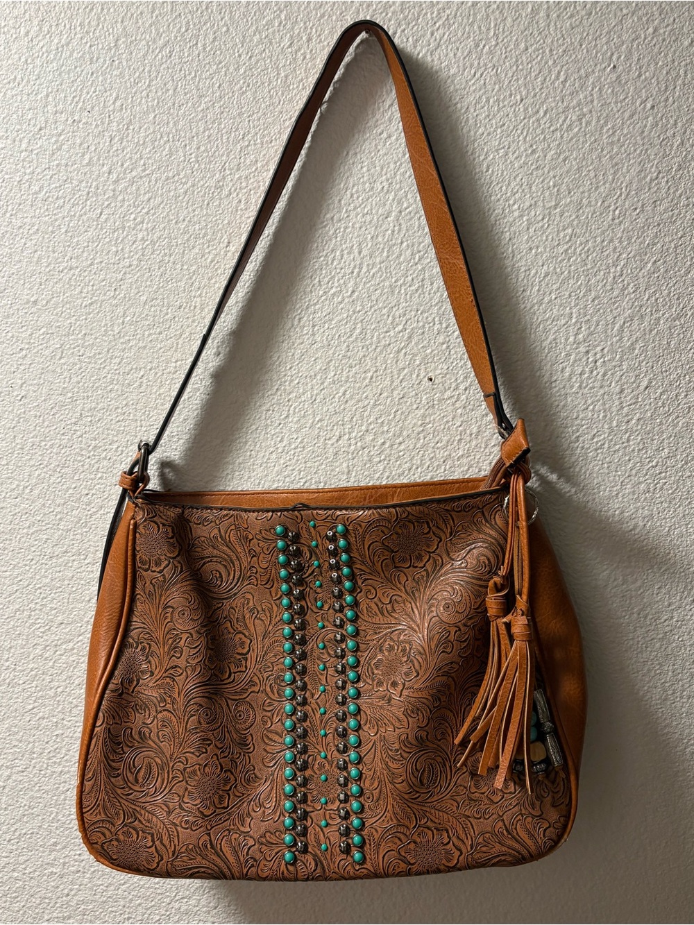 Brown Tooled Leather Shoulder Bag with Turquoise Bead Accent